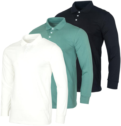 3 Pack Mens Big and Tall King Size Cotton Jersey Long-Sleeve Active Polo Shirt for Men Casual Performance Golf Quick Dry Shirts Casual Pullover Collar Camisas Tshirts Athletic- Set 2 3X